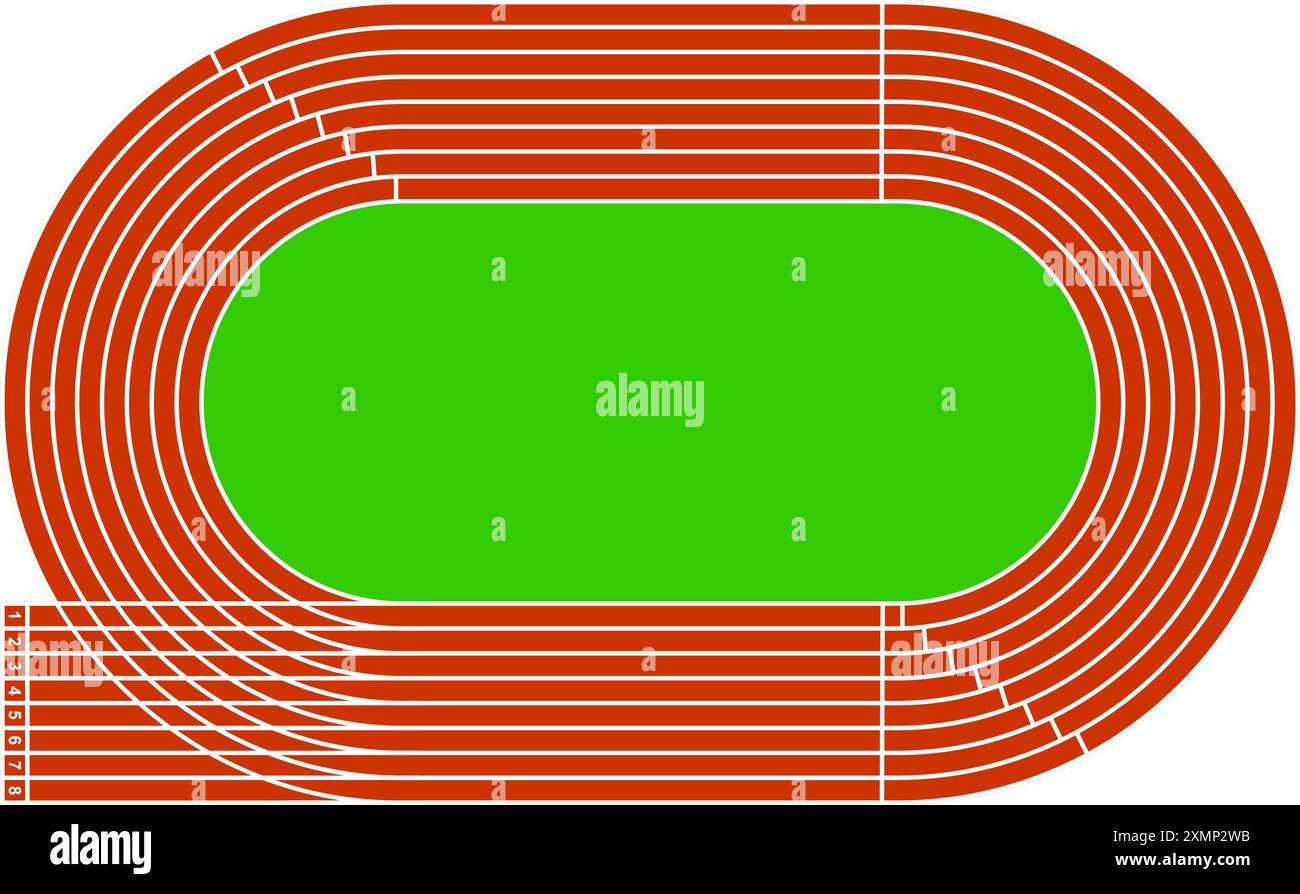 Red running track with green grass field. Stadium top view. Racetrack for sprint, marathon or other athletic sports competition isolated on white background. Vector flat illustration. Stock Vector