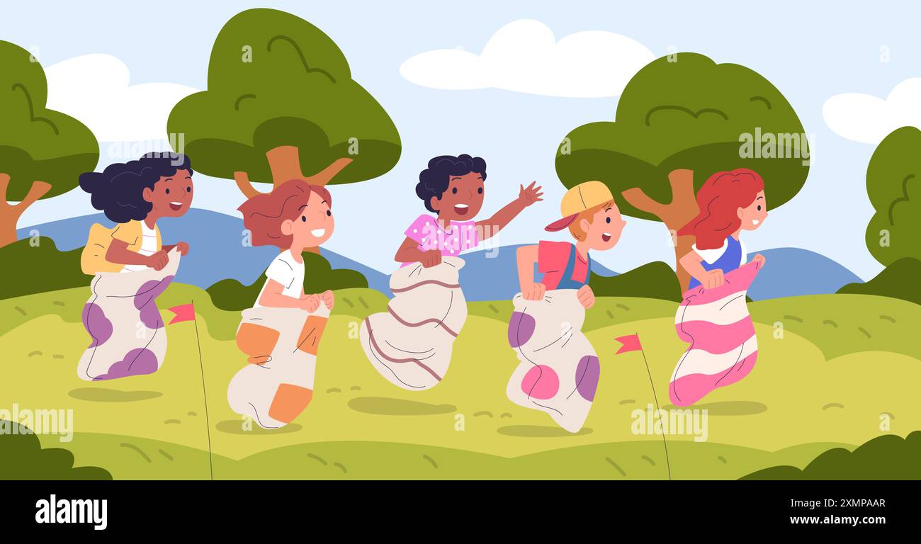 Kid sack race. Children competition jump in sacks, summer outdoor fun game happy young jumping boys and girls play outside indonesian independence day, classy vector illustration authors graphics Stock Vector