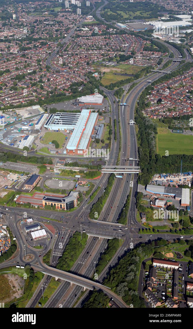 aerial view of M60 Motorway looking North from junction 22 at Failsworth & Chadderton, near Oldham, east Manchester Stock Photo