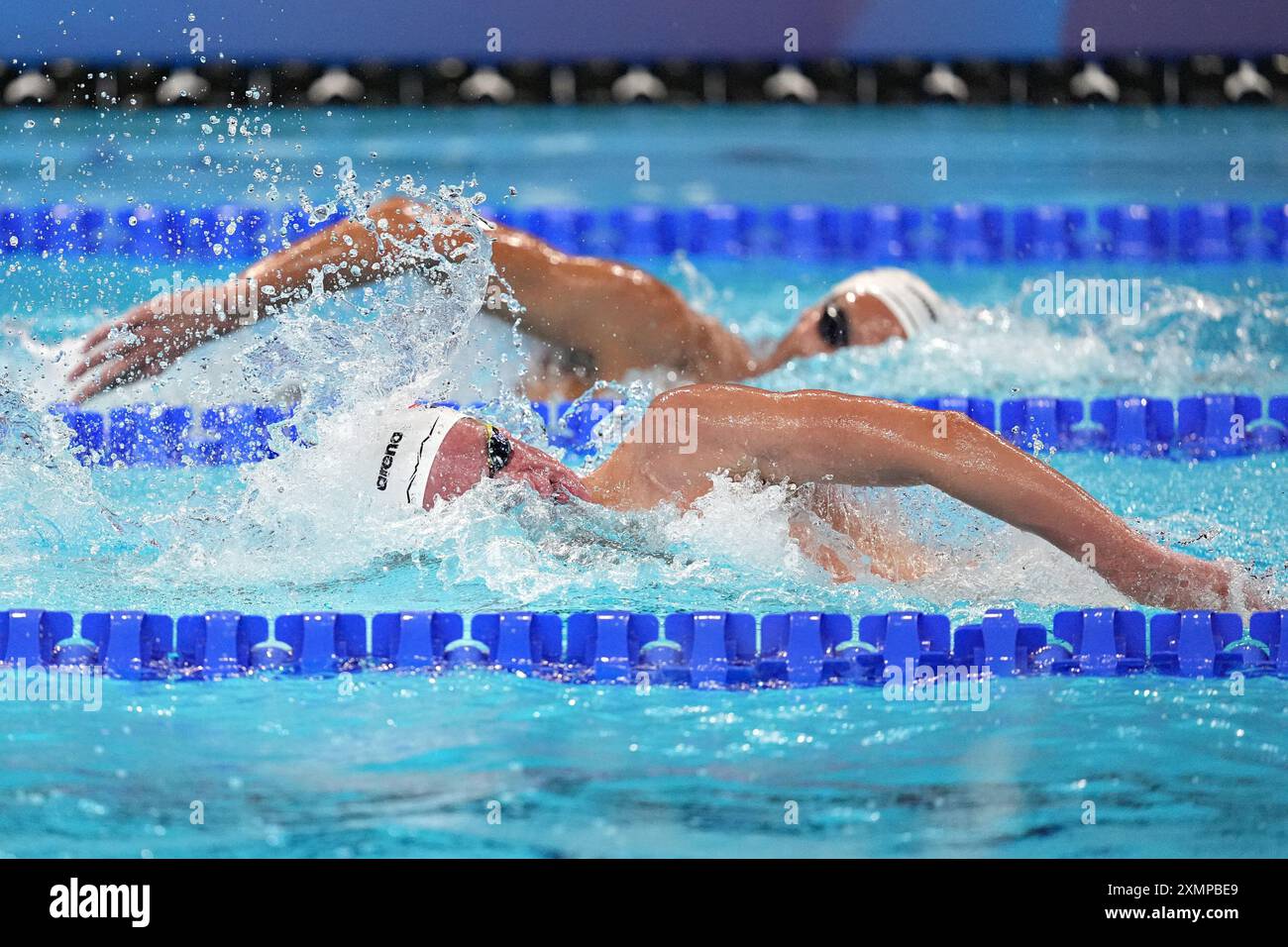 Paris, France. 29th July, 2024. Luke Whitlock of Team USA laps Marwan Elkamash of Team Egypt, top, at the Men's 800m Freestyle Heat 4 during the Paris 2024 Olympics at the Arena Le Defense in Paris, France on Monday, July 29, 2024. Neither Whitlock or Elkamash qualified for the finals. Photo by Richard Ellis/UPI Credit: UPI/Alamy Live News Stock Photo