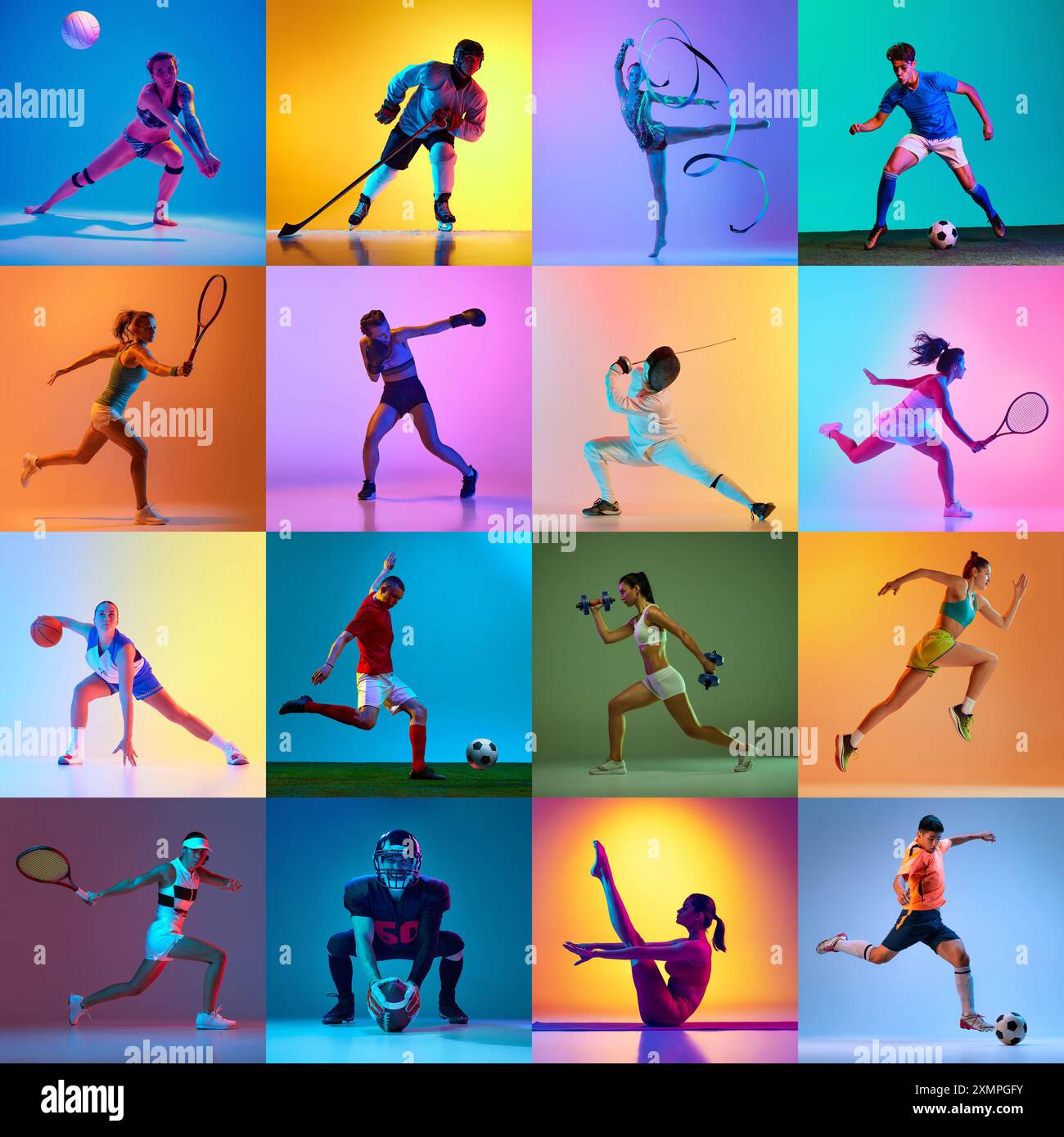 Dynamic collage of athletes in action across various sports training in neon light against vibrant colorful background Stock Photo - Alamy