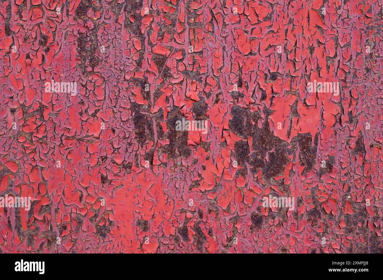 Cracked paint on the sheet metal with rust, texture. Damaged weathered peeling coating. Abstract pattern, background. Trencin, Slovakia Stock Photo