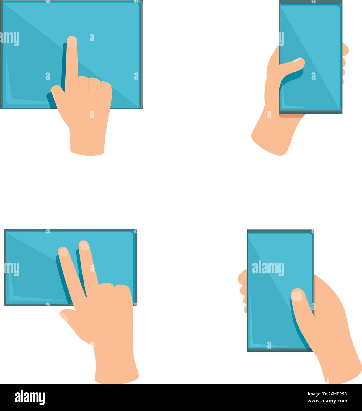 Scrolling screen icons set cartoon vector. Hand gesture on touch digital device. Modern technology Stock Vector