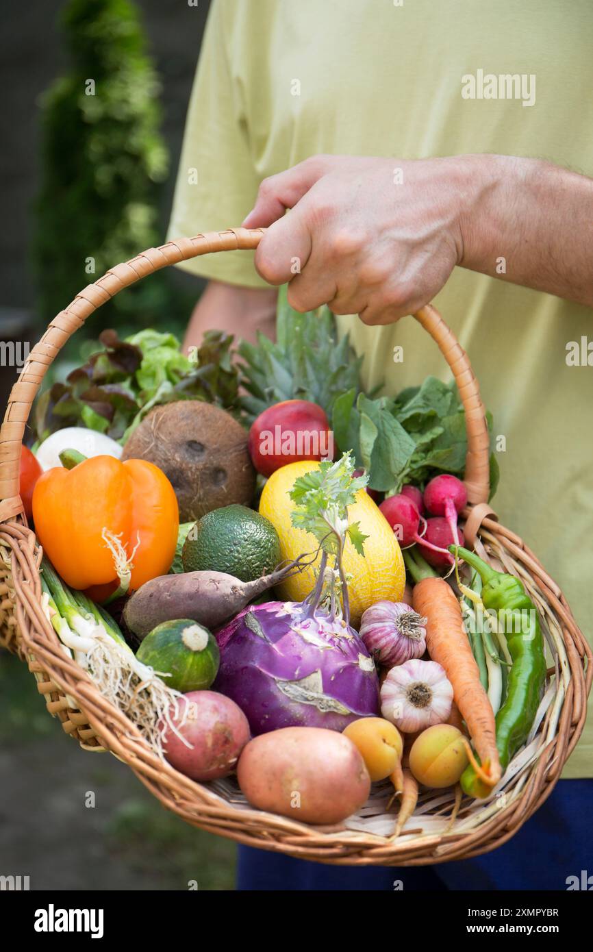 A large wicker basket with various fruits and vegetables. Concept of ...