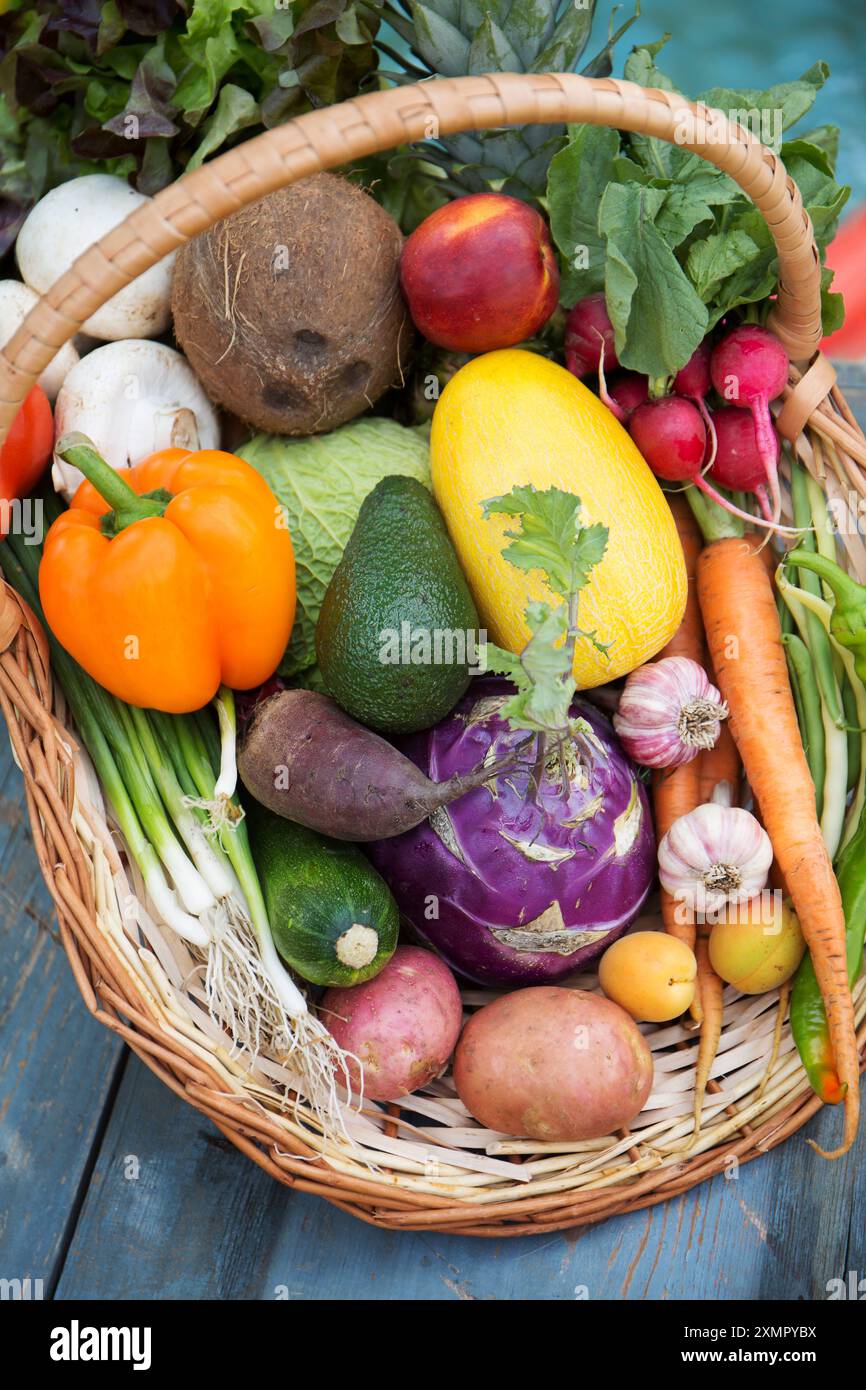 A large wicker basket with various fruits and vegetables. Concept of ...