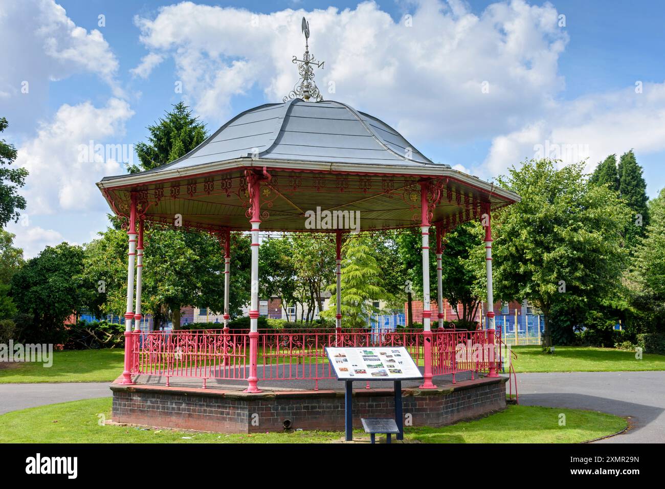 The Grade II listed Edwardian bandstand, in Victoria Park, Denton, Tameside, Greater Manchester, England, UK  Built early 1900s, restored 2007. Stock Photo