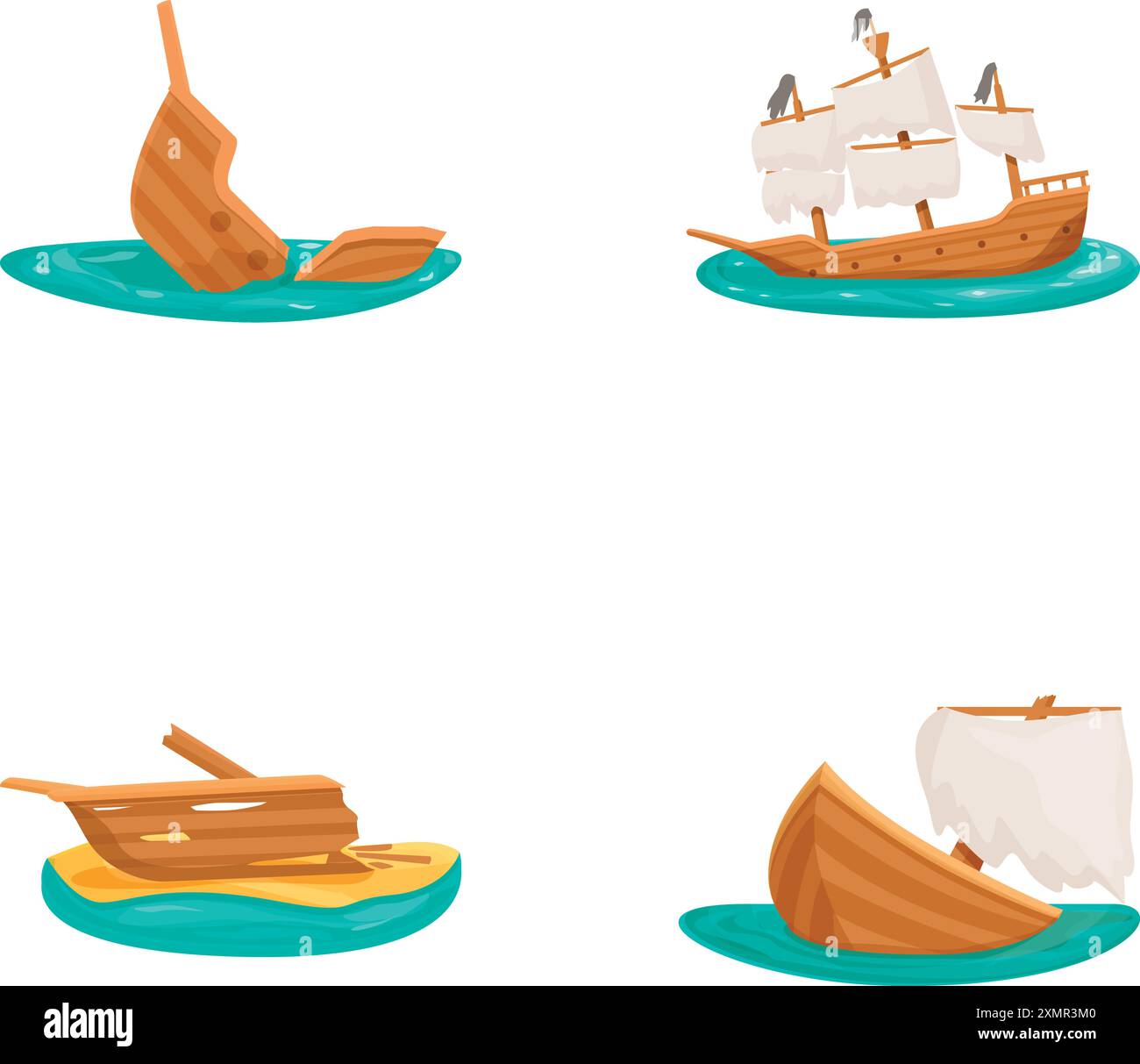 Collection of cartoonstyle shipwrecks and sailing ships isolated on a white background Stock Vector