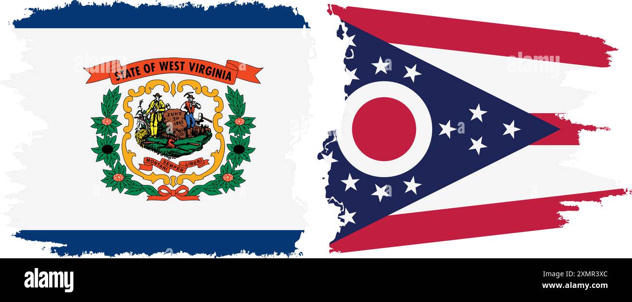 Ohio and West Virginia states grunge brush flags connection, vector Stock Vector