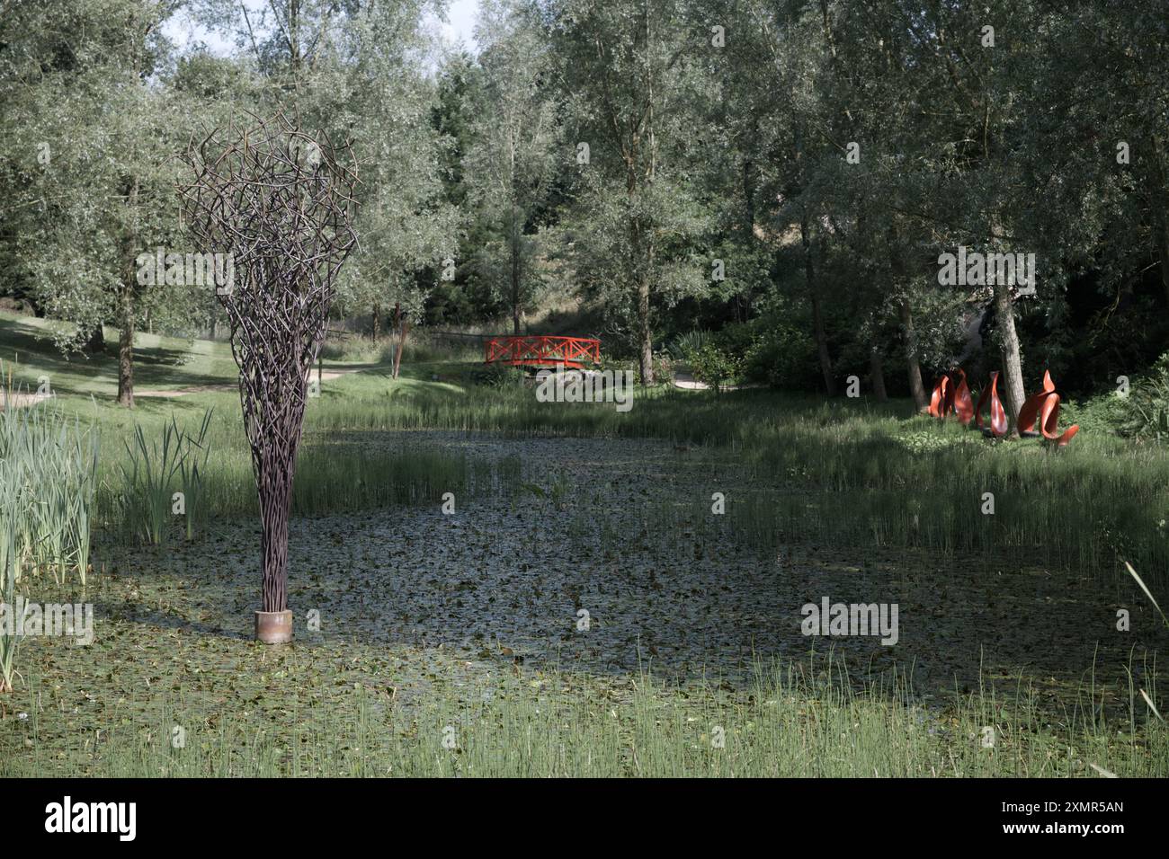 Skywards (Giles Raynor) (L) and Waves (Rebecca Newnham) (R) at The Himalayan Garden and Sculpture Park Stock Photo