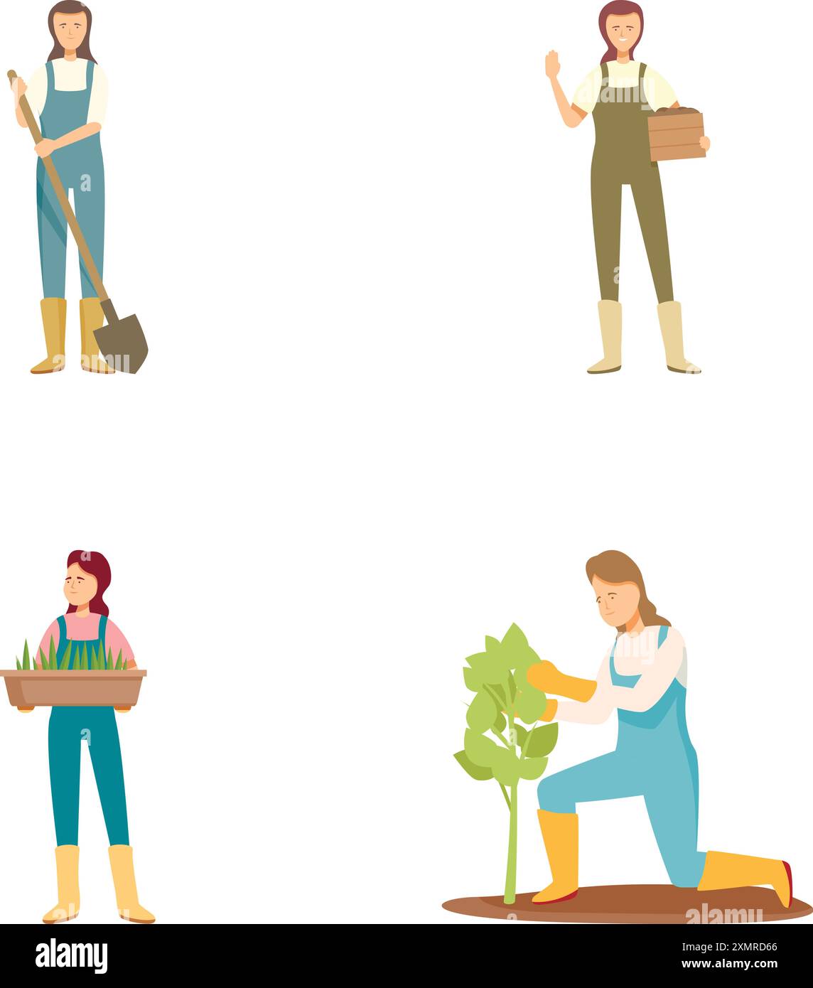 Collection of four vector illustrations showcasing a female farmer in ...