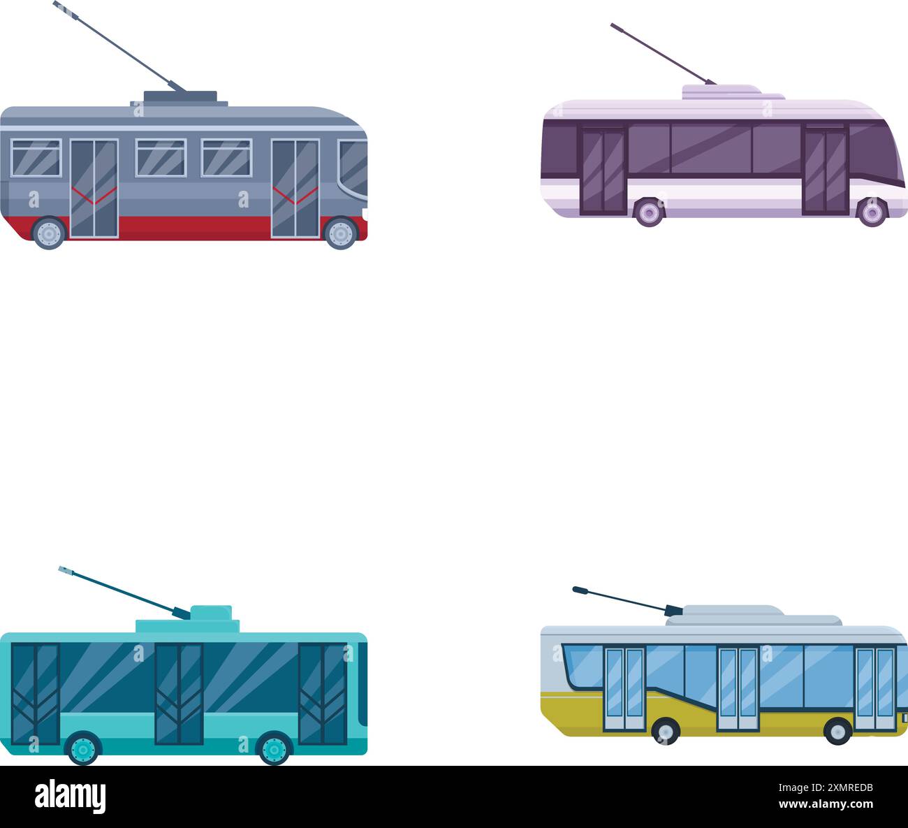 Collection of four colorful, vector trolleybus illustrations isolated ...