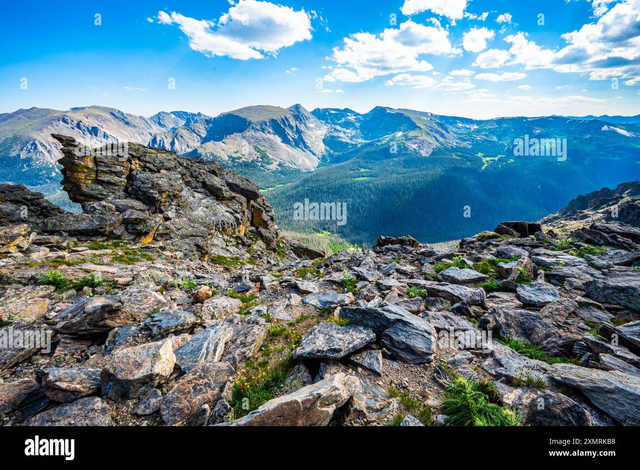 Rocky Mountain National Park cliff face and alpine trail with lakes and ...