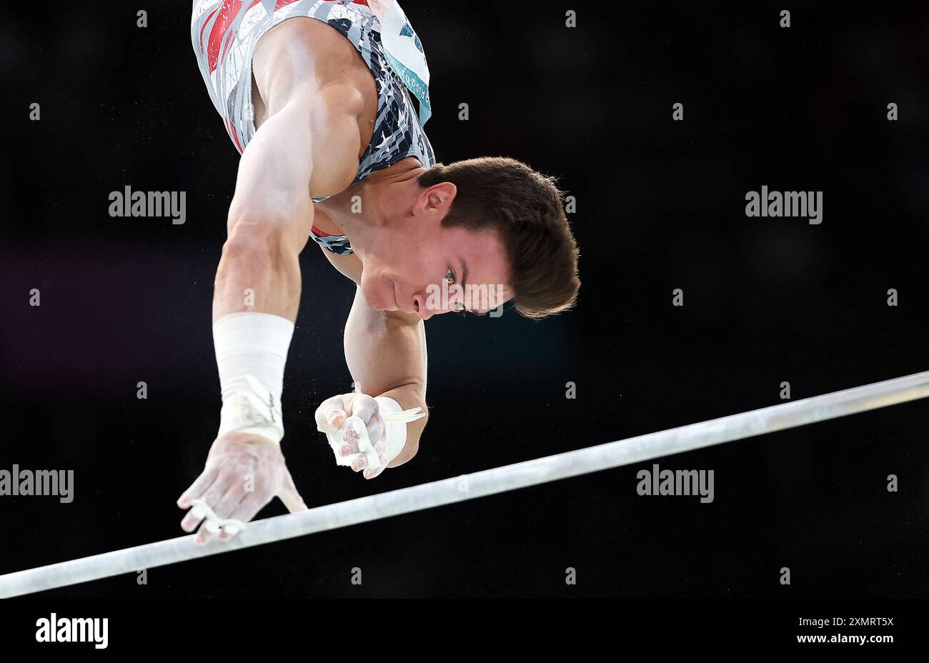 Paris, France. 29th July, 2024. Brody Malone of team USA competes during the horizontal bar of the men's team final of artistic gymnastics at the Paris 2024 Olympic Games in Paris, France, July 29, 2024. Credit: Cao Can/Xinhua/Alamy Live News Stock Photo