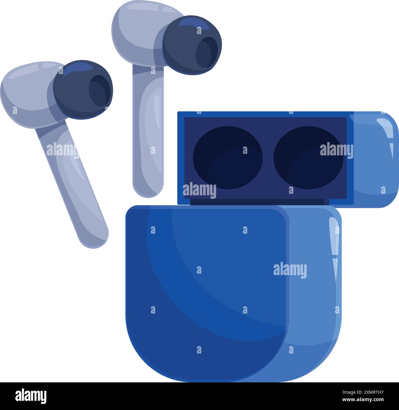 Two blue wireless earbuds are charging in their case Stock Vector