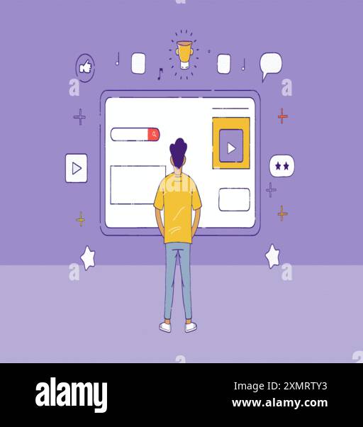 Man Interacting with Multimedia Icons Stock Vector