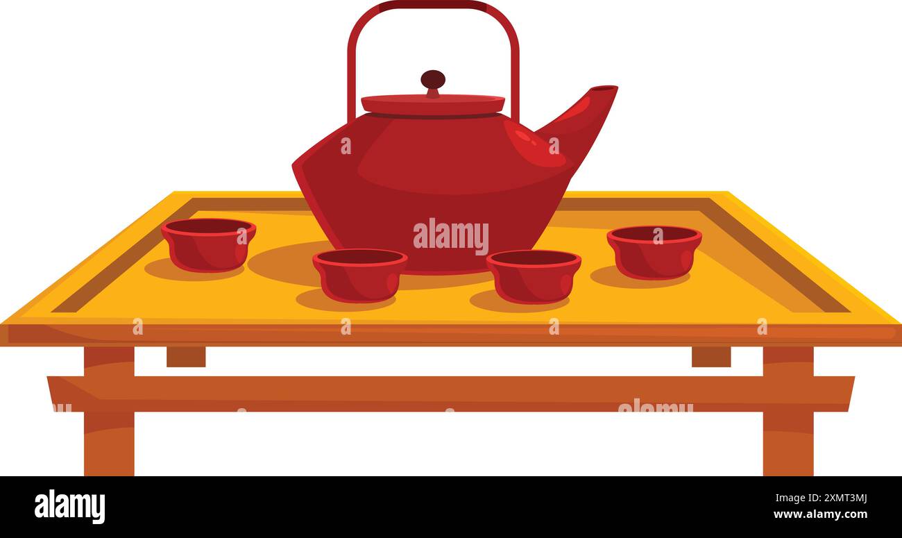 Red teapot and cups standing on wooden tray, preparing for traditional tea ceremony Stock Vector