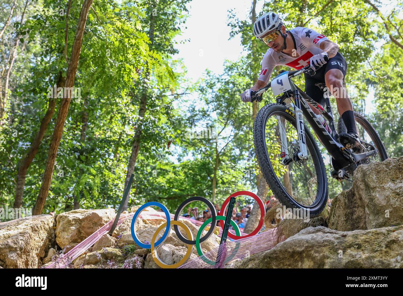 Paris, France. 29th July, 2024. Olympia, Paris 2024, mountain bike,  cross-country, men, Nino Schurter from Switzerland in action. Credit: Jan  Woitas/dpa/Alamy Live News Stock Photo - Alamy