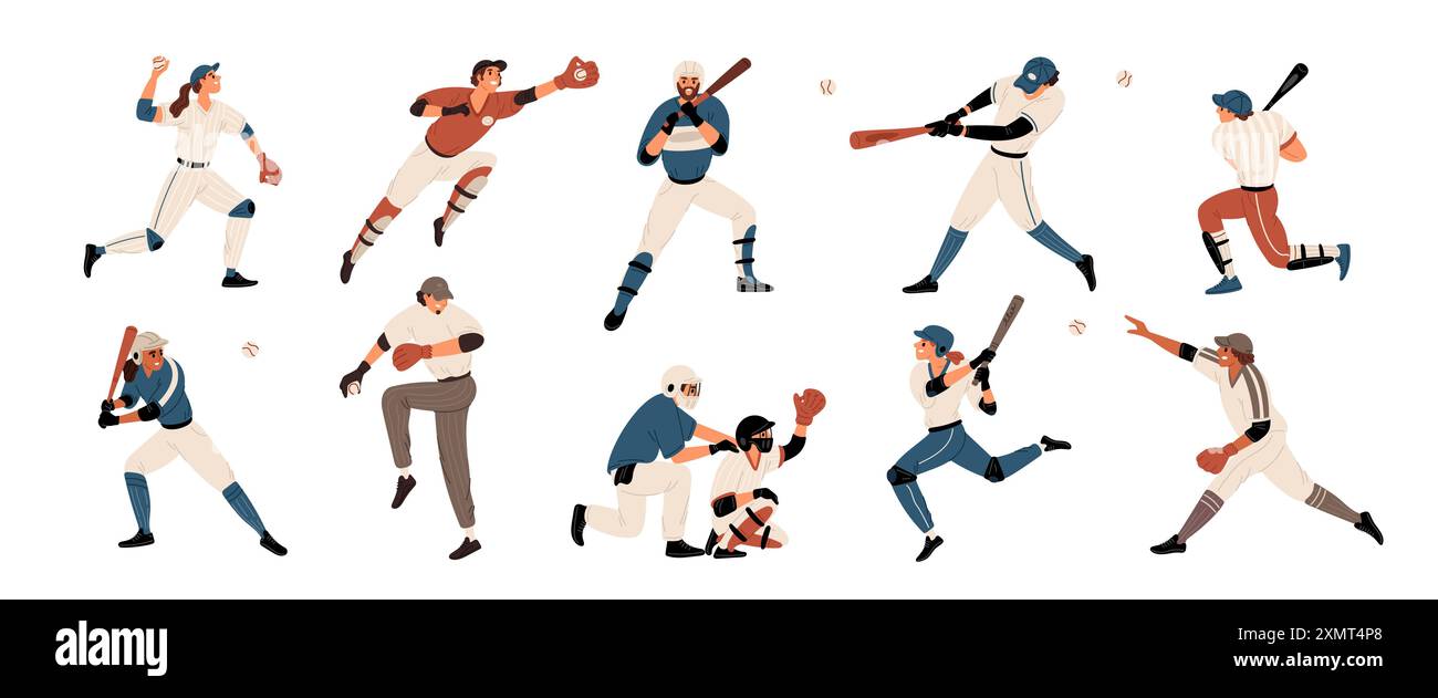 Baseball player characters. American sports game. Athletes in uniform with bats. People batting and serving. Competitive match. Pitchers positions Stock Vector