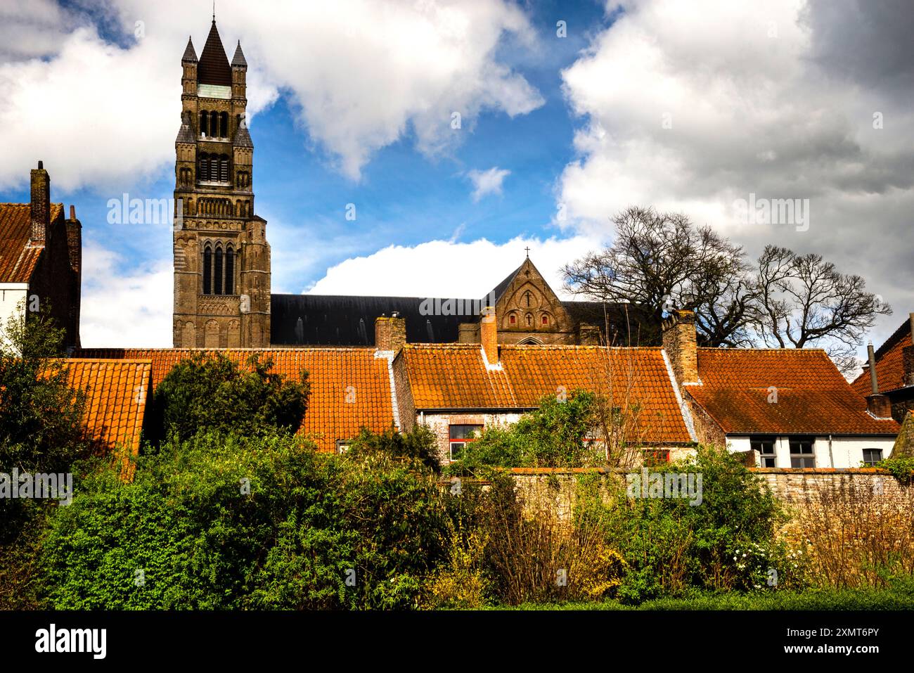 Neo-Romanesque belfry of St. Salvador's Cathedral in Bruges, Belgium and Gothic brick facade. Stock Photo