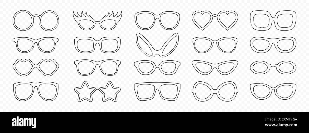 Vector Flat Frame Glasses Icon Se. Sunglasses, Vintage Eyeglasses, Lenses in Black and White. Optics and Eyewear Branding Design Template Stock Vector