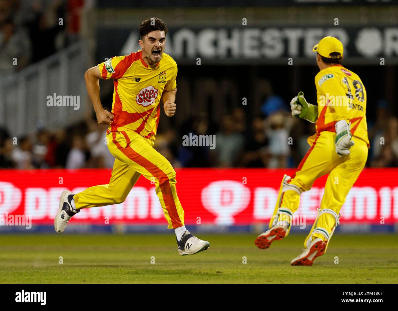 Trent Rockets' Jordan Thompson celebrates the one run win during The Hundred men's match at Emirates Old Trafford, Manchester. Picture date: Monday July 29, 2024. Stock Photo