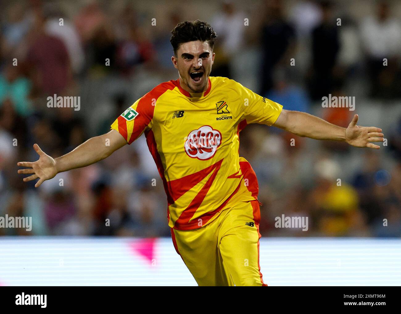 Trent Rockets' Jordan Thompson celebrates the one run win during The Hundred men's match at Emirates Old Trafford, Manchester. Picture date: Monday July 29, 2024. Stock Photo