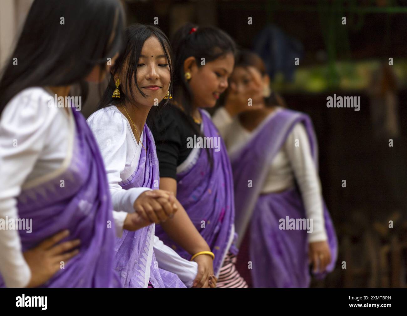 Young Manipuri tribe women dancing, Sylhet Division, Sreemangal, Bangladesh Stock Photo