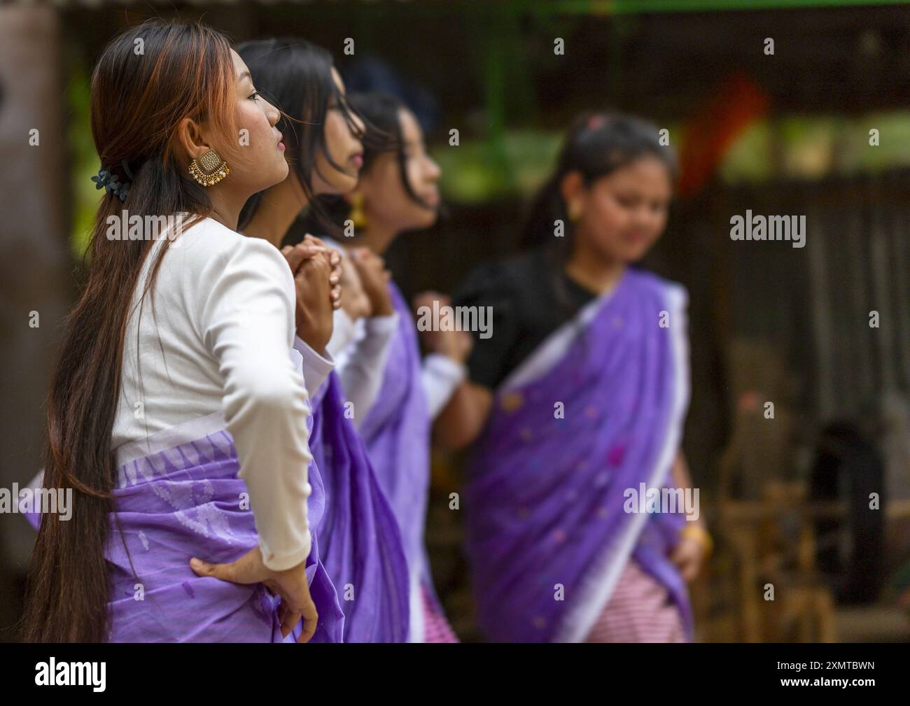 Young Manipuri tribe women dancing, Sylhet Division, Sreemangal, Bangladesh Stock Photo