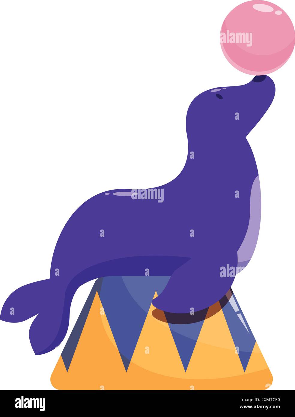 Purple circus seal is balancing a pink ball on its nose while sitting ...