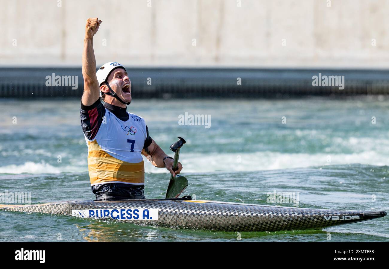 Vaires Sur Marne. 29th July, 2024. Adam Burgess of Britain celebrates after the men's canoe single final of canoe slalom at the Paris 2024 Olympic Games in Vaires-sur-Marne, France, on July 29, 2024. Credit: Sun Fei/Xinhua/Alamy Live News Stock Photo