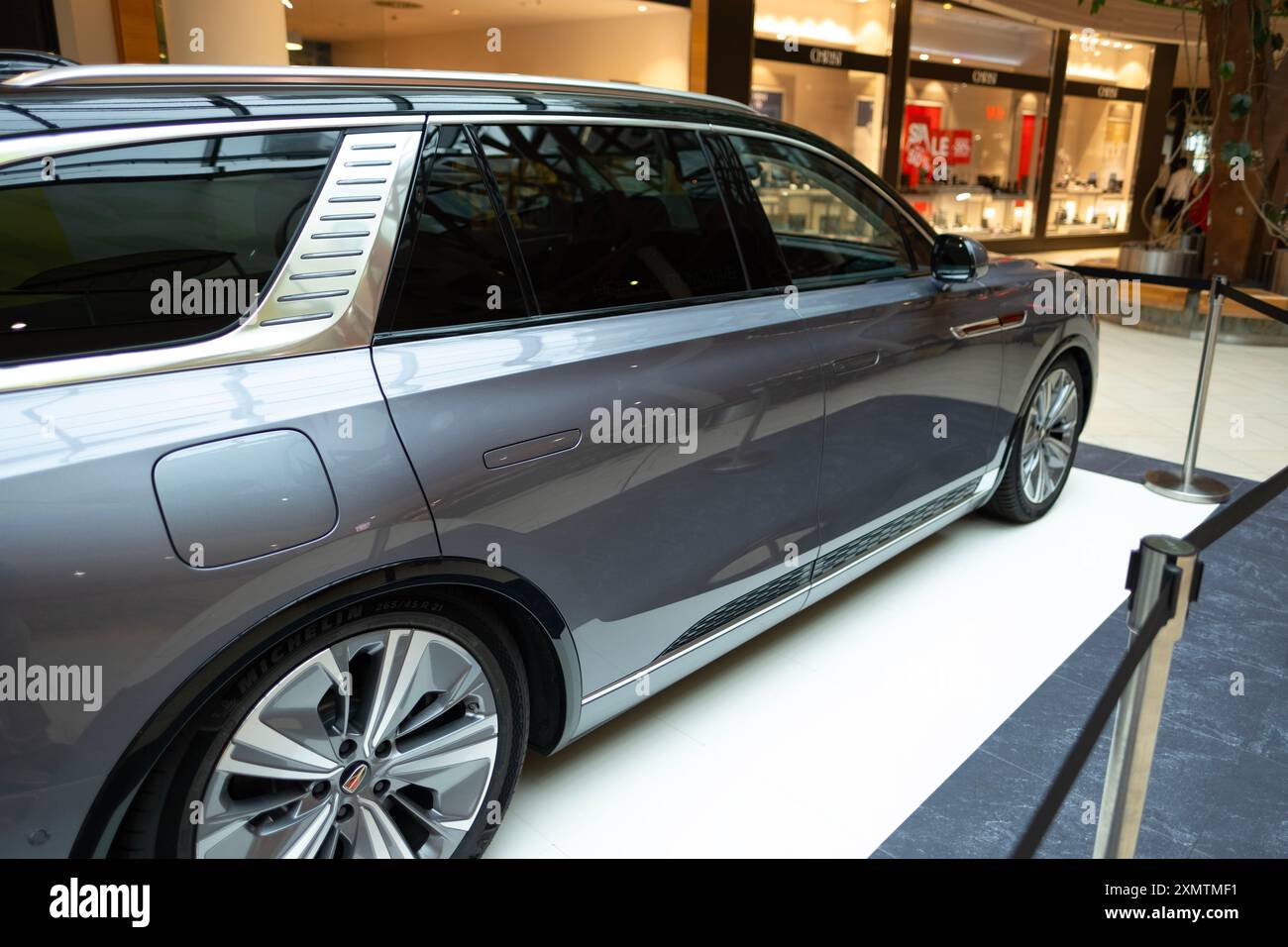 silver Hongqi E-HS9 electric full-size luxury SUV, Chinese Hongqi brand in Studio, zero-emission transportation, electric car innovation, Frankfurt, G Stock Photo