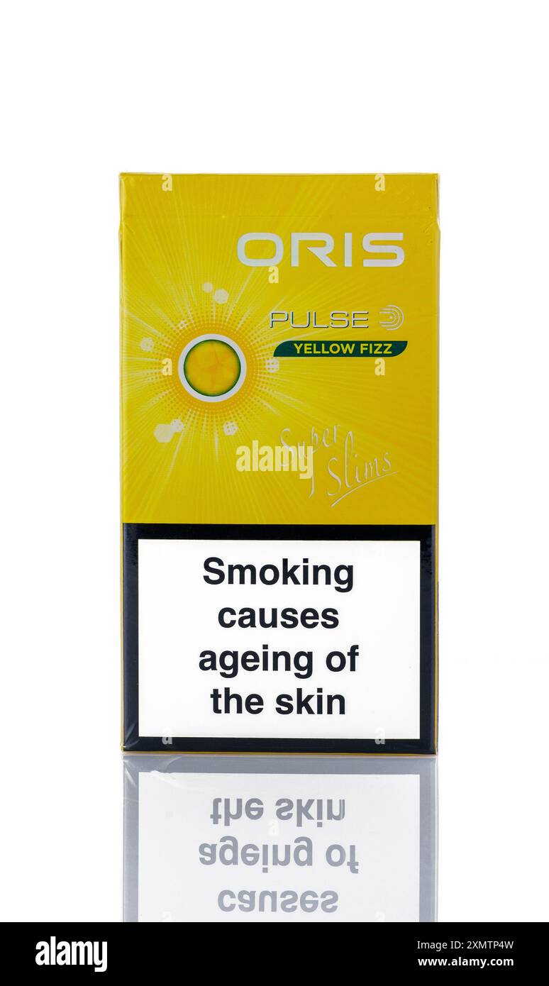 Gaziveren, Cyprus -07.23.2024 Pack of Oris cigarettes closeup on white  Stock Photo