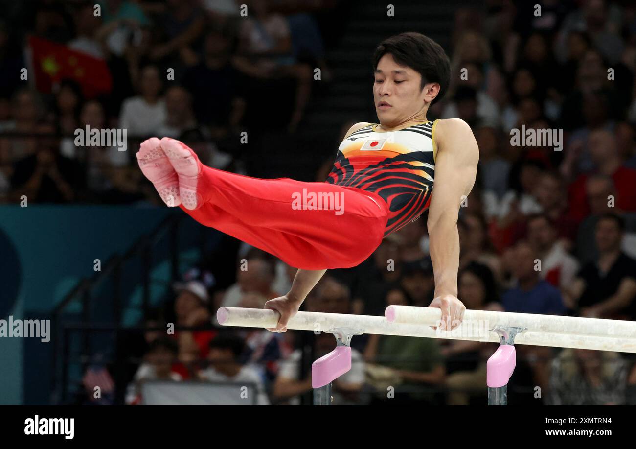 Paris, France. 29th July, 2024. Paris, France. July 29th 2024. Artistic Gymnastics: Men's Team Final. Wateru Tanigawa, Japan - Parallel Bars, during day three of the Paris Olympic Games 2024, Paris, France. Credit: Adam Stoltman/Alamy Live News Stock Photo