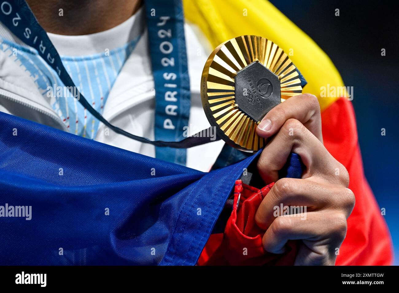 Paris, France. 29th July, 2024. Olympic Gold Medal of David Popovici of Romania after competing