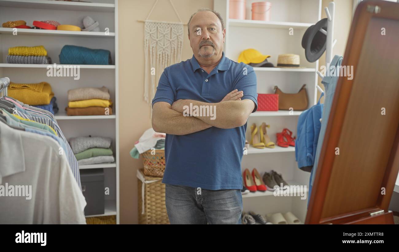 Mature man standing arms crossed in a well-organized walk-in closet full of various clothes and shoes. Stock Photo