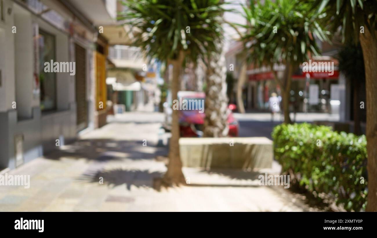 Blurred street scene captures defocused urban environment with palm ...