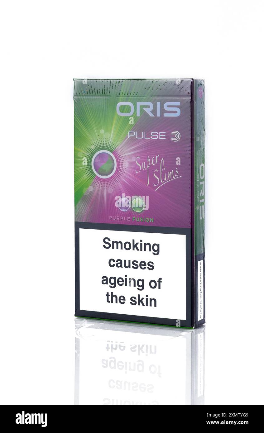 oris cigarettes germany Gaziveren, Cyprus -07.23.2024 Pack of Oris cigarettes closeup on white  Stock Photo