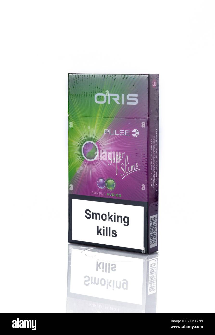 Gaziveren, Cyprus -07.23.2024 Pack of Oris cigarettes closeup on white  Stock Photo