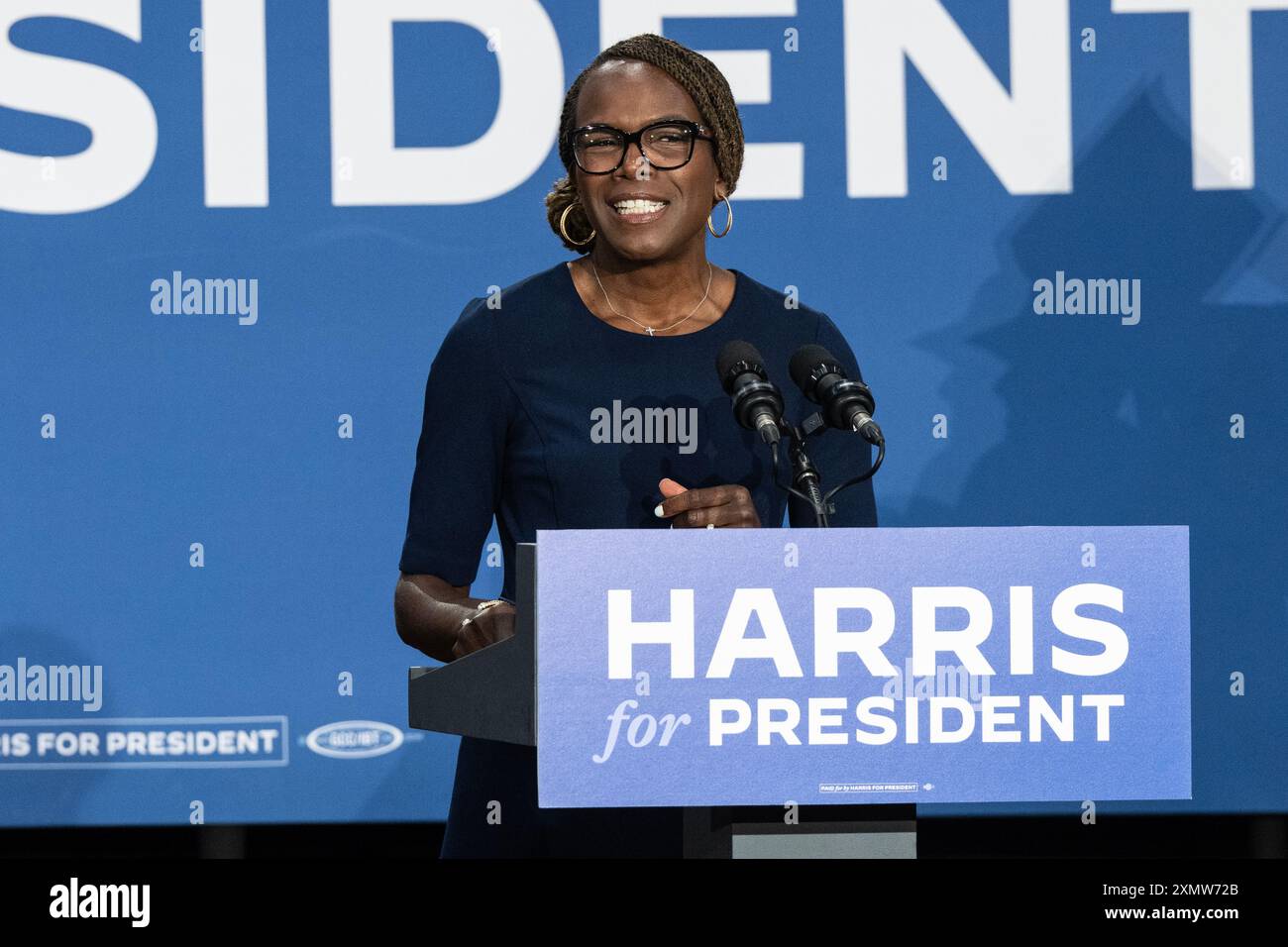 Dr. Ala Stanford speaks during rally in support of Harris for President along with Gretchen Whitmer, Governor of Michigan and Josh Shapiro, Governor of Pennsylvania at Wissahickon High School in Ambler, PA on July 29, 2024 Stock Photo