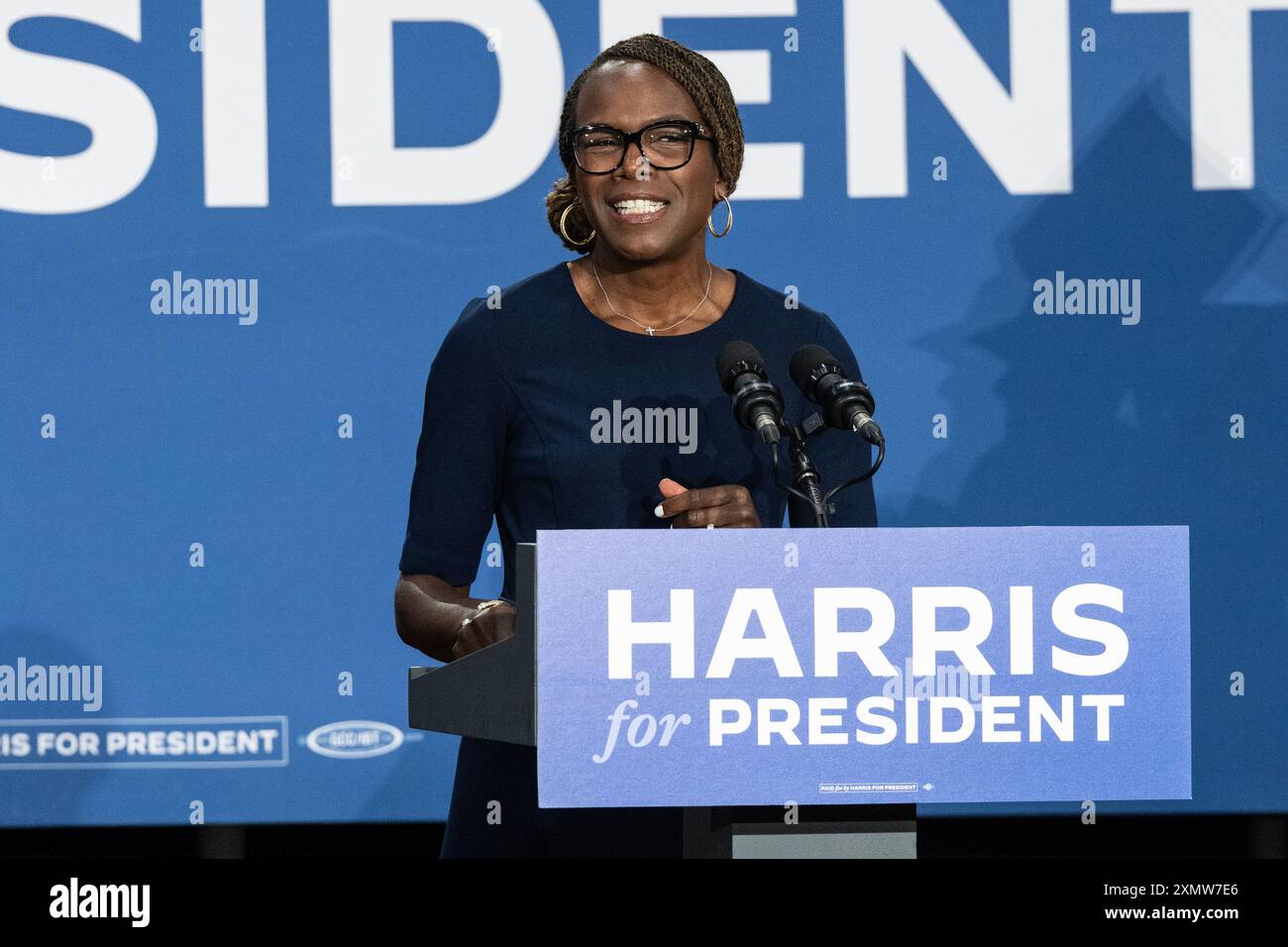 Ambler, USA. 29th July, 2024. Dr. Ala Stanford speaks during rally in support of Harris for President along with Gretchen Whitmer, Governor of Michigan and Josh Shapiro, Governor of Pennsylvania at Wissahickon High School in Ambler, PA on July 29, 2024. (Photo by Lev Radin/Sipa USA) Credit: Sipa USA/Alamy Live News Stock Photo