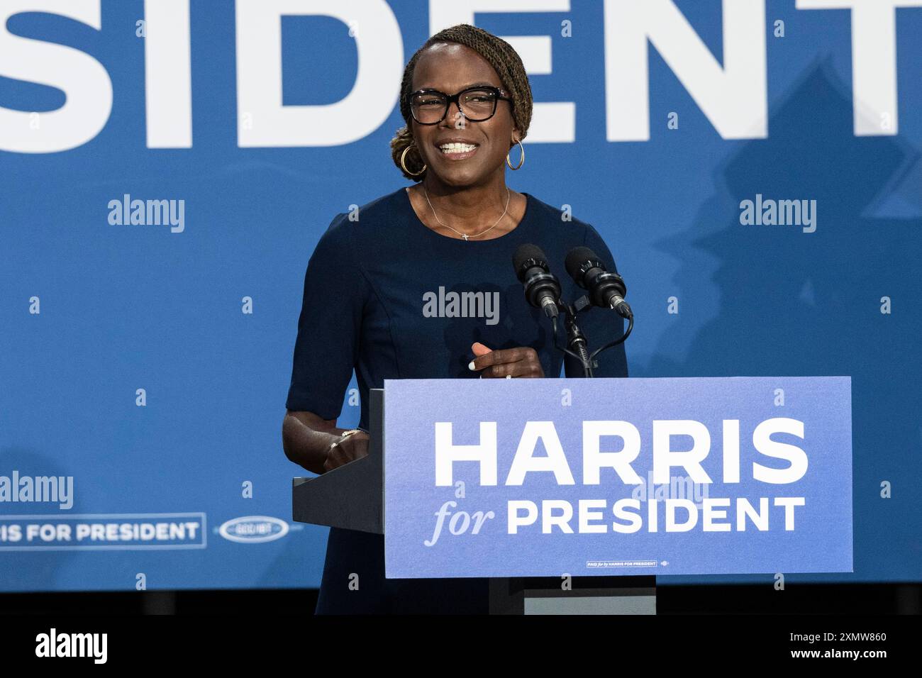 Ambler, Pennsylvania, USA. 29th July, 2024. Dr. Ala Stanford speaks during rally in support of Harris for President along with Gretchen Whitmer, Governor of Michigan and Josh Shapiro, Governor of Pennsylvania at Wissahickon High School in Ambler, PA on July 29, 2024 (Credit Image: © Lev Radin/ZUMA Press Wire) EDITORIAL USAGE ONLY! Not for Commercial USAGE! Stock Photo