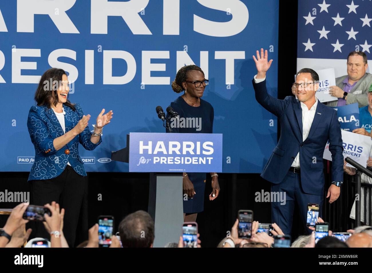Ambler, Pennsylvania, USA. 29th July, 2024. Gretchen Whitmer, Governor of Michigan, Dr. Ala Stanford, Josh Shapiro, Governor of Pennsylvania attend rally in support of Harris for President at Wissahickon High School in Ambler, PA on July 29, 2024 (Credit Image: © Lev Radin/ZUMA Press Wire) EDITORIAL USAGE ONLY! Not for Commercial USAGE! Stock Photo