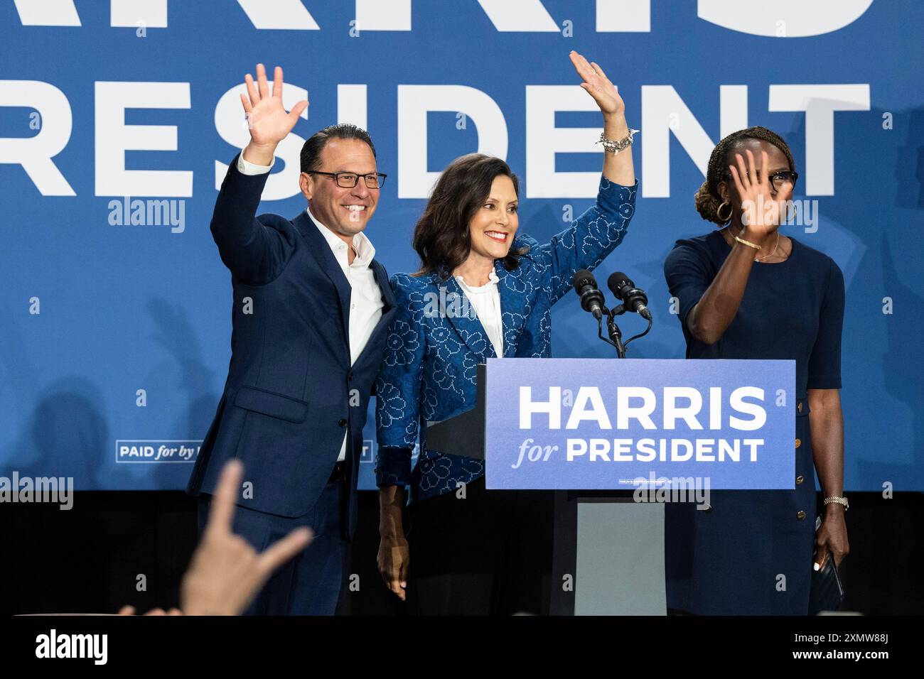 Ambler, Pennsylvania, USA. 29th July, 2024. Josh Shapiro, Governor of Pennsylvania, Gretchen Whitmer, Governor of Michigan, Dr. Ala Stanford attend rally in support of Harris for President at Wissahickon High School in Ambler, PA on July 29, 2024 (Credit Image: © Lev Radin/ZUMA Press Wire) EDITORIAL USAGE ONLY! Not for Commercial USAGE! Stock Photo