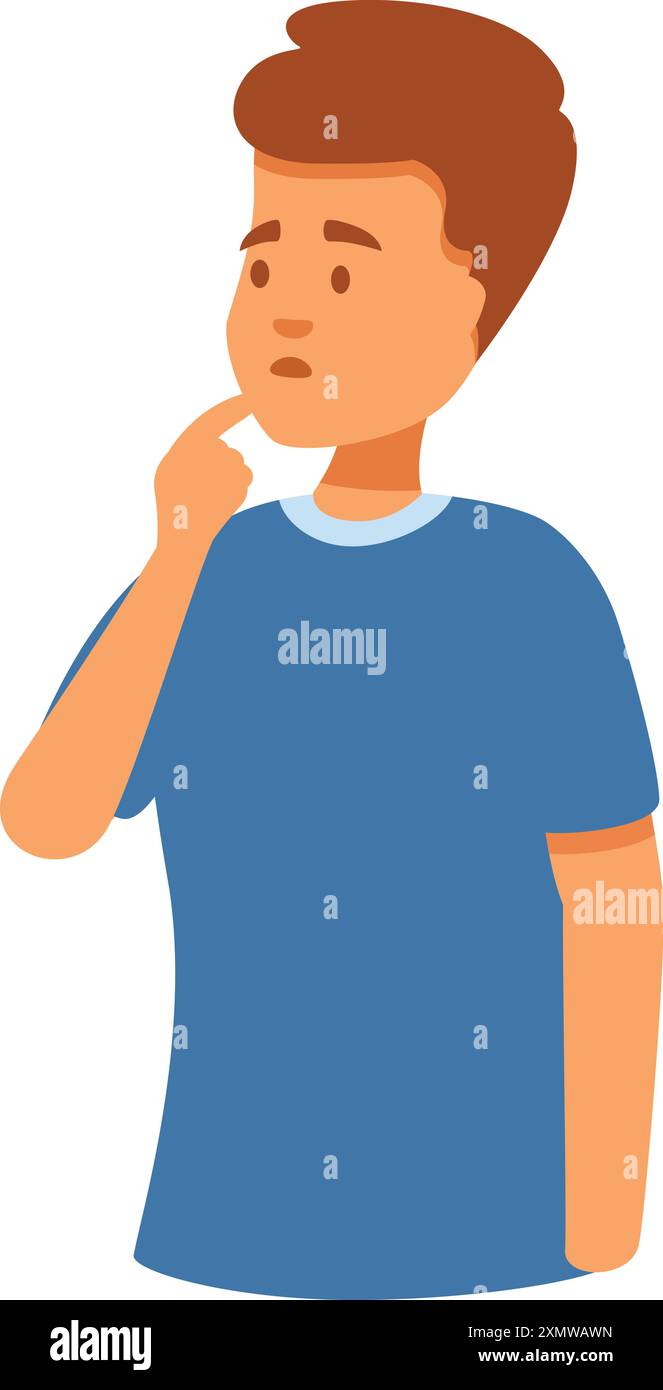 Young man is deep in thought, touching his face with a thoughtful expression Stock Vector