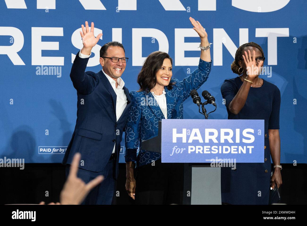 Ambler, United States. 29th July, 2024. Josh Shapiro, Governor of Pennsylvania, Gretchen Whitmer, Governor of Michigan, Dr. Ala Stanford attend rally in support of Harris for President at Wissahickon High School in Ambler, PA (Photo by Amlan Biswas/Pacific Press) Credit: Pacific Press Media Production Corp./Alamy Live News Stock Photo