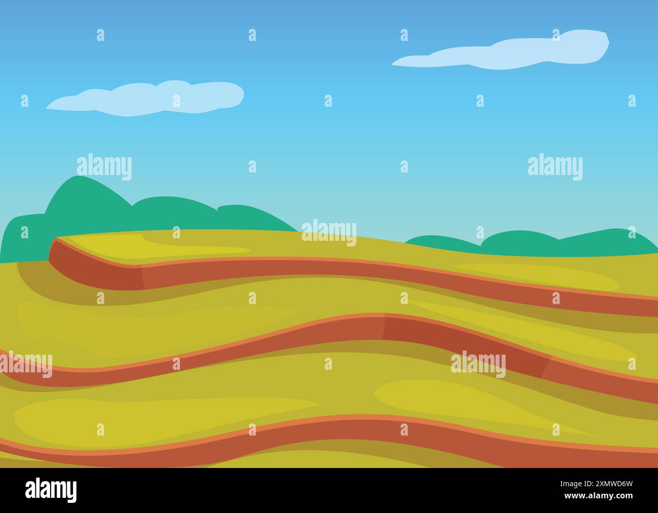Beautiful landscape with cultivated fields stretching over rolling hills on sunny day Stock Vector