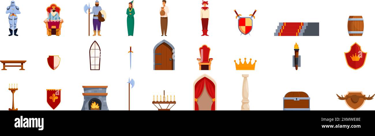 Castle hall room icons set. This image showcases a vibrant array of medieval elements, featuring a king, a knight, a princess, and a jester, alongside iconic symbols and objects from that era Stock Vector