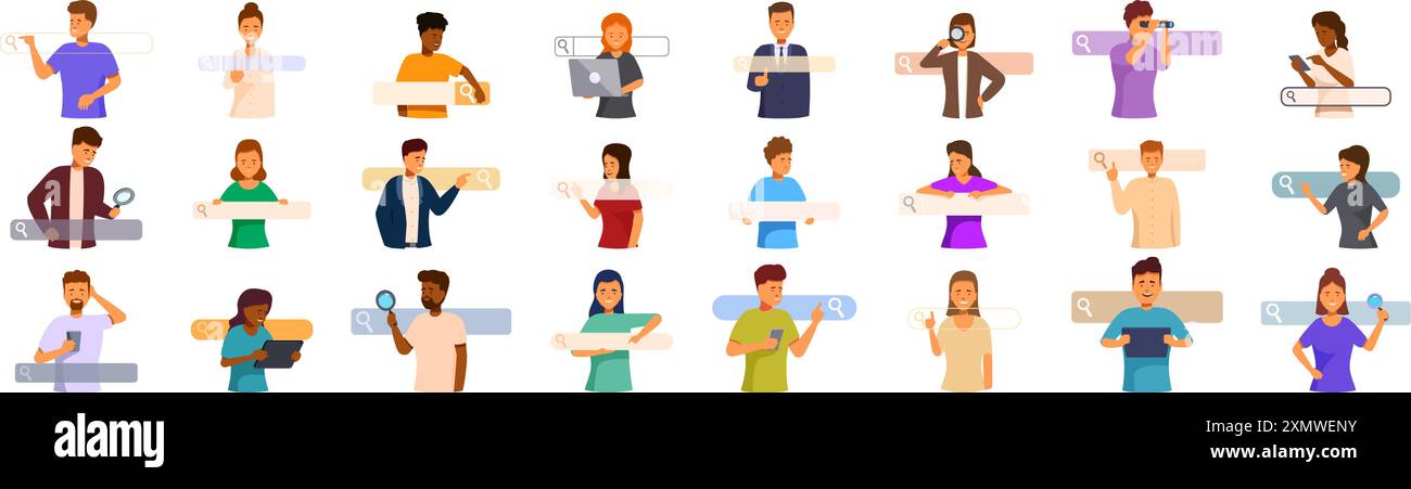 People clicking internet search icons set. People searching information online using web browser. Collection of characters interacting with search bar. Digital marketing concept Stock Vector