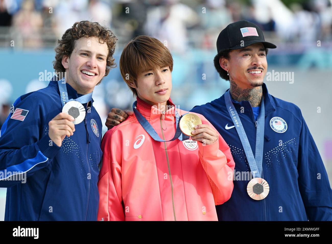 (LR) Jagger Eaton (USA), Yuto Horigome (JPN), Nyjah Huston (USA), JULY