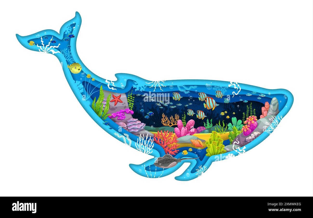 Paper cut whale silhouette with underwater landscape. 3d vector ...